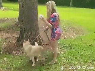 Playful blonde lady drinking dog’s hot piss outdoors.mp4